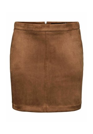 Brun mockaskinn mini kjol med en slät textur, som har en enkel design och dragkedjedetalj bak.