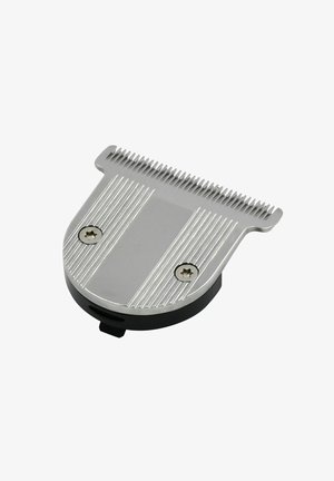Silberfarbene Metall-Haarschneideklinge mit geriffeltem Design, zwei Schraubenlöchern und schwarzer Kunststoffbasis. Flache Form mit gezacktem Rand zum Schneiden.