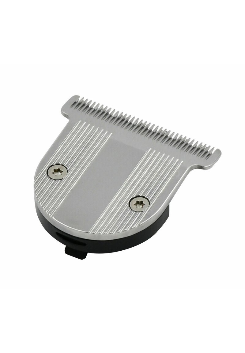 Zilverkleurig metalen scheermes voor haar met geribbelde structuur, twee schroefgaten en een zwarte kunststof basis. Platte vorm met een gekartelde rand voor het knippen.