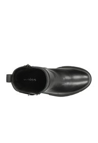 Schwarze Leder-Ankle-Boots mit glatter Textur, abgerundetem Zehenbereich, Reißverschlussdetail an der Seite und einer Zuglasche an der Ferse. Markenname "wojas" im Inneren.