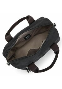Black fabric bag with a zipper closure, featuring sturdy brown handles and a beige interior with a label. Smooth texture, compact shape.