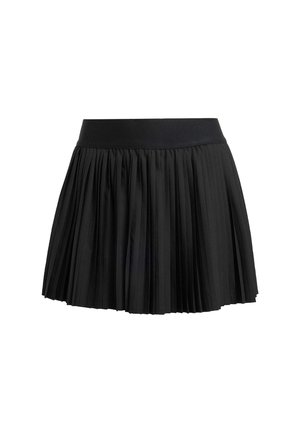 Black pleated skirt with an elastic waistband, featuring a textured fabric and layered design that creates volume at the hem.