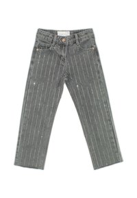 Jeans in denim grigio con righe verticali di paillettes argentate. Design a cinque tasche con chiusura a bottone e vestibilità dritta.