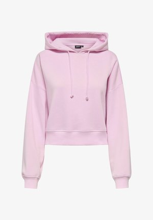 Lichtroze cropped hoodie met een capuchon met trekkoord, lange mouwen en geribde zoom. Glad oppervlak, casual ontwerp met een ontspannen pasvorm.
