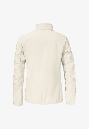 Leichte, cremefarbene Jacke mit Stehkragen, langen Ärmeln und glattem, strukturiertem Stoff. Sie verfügt über ein minimalistisches Design und keine sichtbaren Beschläge.