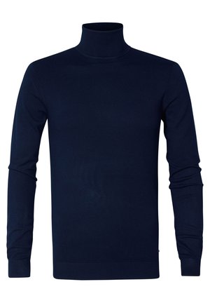 Suéter de cuello alto de color azul marino, hecho de un suave tejido de punto. Diseño ajustado con mangas largas y puños y cuello de canalé, acabado sin costuras.