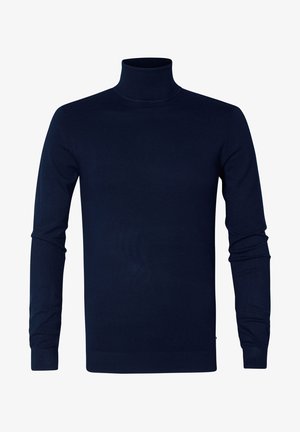 Tummansininen pooloneule, joka on valmistettu pehmeästä neulekankaasta. Tiivis malli, jossa pitkät hihat ja raidoitetut hihansuut sekä kaulus, saumaton viimeistely.