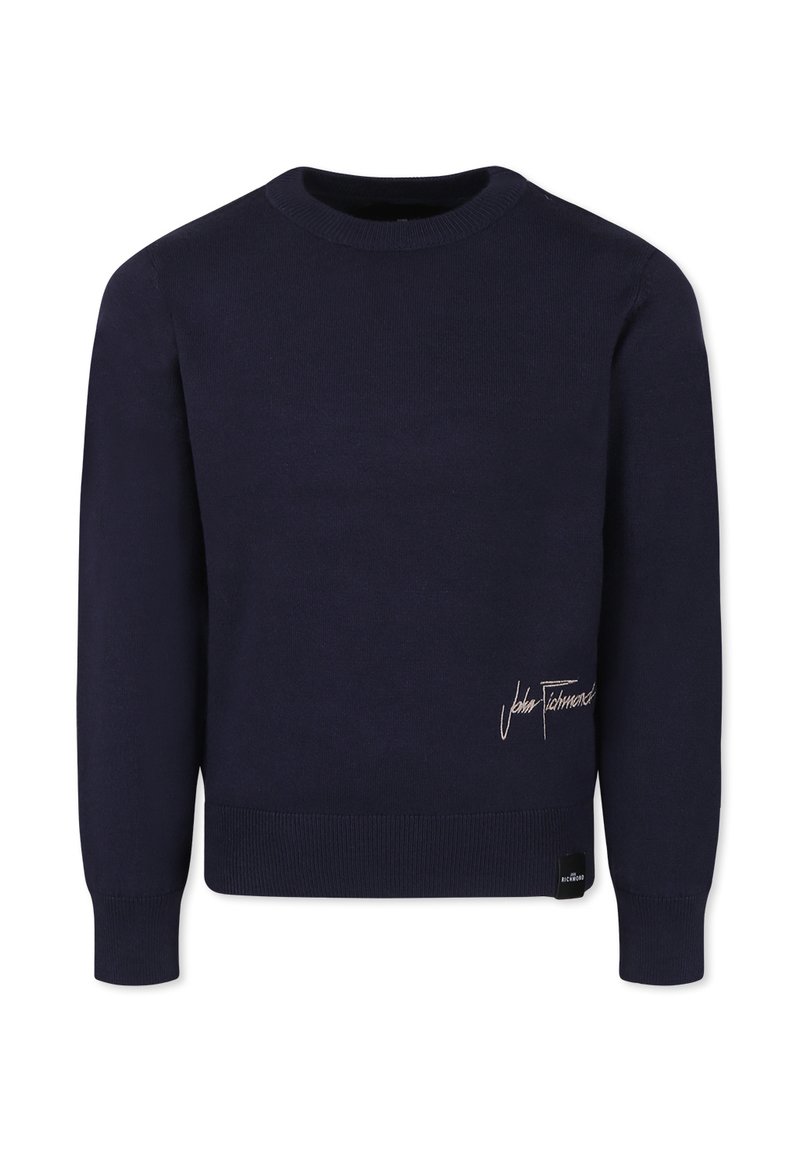 Maglione lavorato a maglia blu navy con scollatura tonda, polsini e orlo a coste. Presenta "John T." ricamato in rosa chiaro sul lato sinistro in basso.