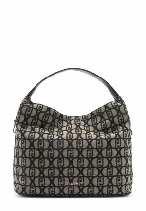 Beige ja musta tekstuuriga kangast käekott logoga mustril. Pehme ja lokkis disain, millel on kõver must käepide ja kuldne bränding.