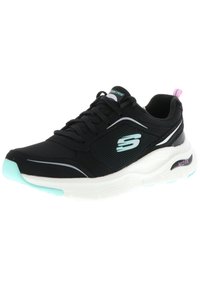 Schwarzer Sportschuh mit Obermaterial aus Mesh, weißer Zwischensohle und mintgrünen Akzenten. Verfügt über Schnürsenkel, einen gepolsterten Schaft und "Arch Fit"-Branding an der Seite.