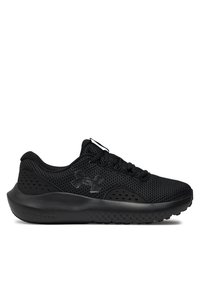Schwarze Sportschuhe mit Netz-Obermaterial für Atmungsaktivität, abgerundetem Zehenbereich, strukturierten Sohlen, Dämpfung unter dem Fuß und einem Logo-Akzent an der Seite.