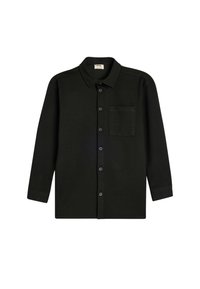 Camicia nera a maniche lunghe con colletto, chiusura frontale con bottoni e una tasca sul petto. Realizzata in un tessuto texturizzato con un design aderente.