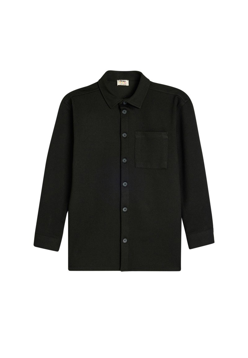 Camicia nera a maniche lunghe con colletto, chiusura frontale con bottoni e una tasca sul petto. Realizzata in un tessuto texturizzato con un design aderente.