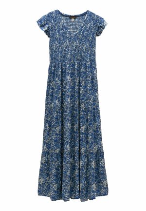 Maxi sukienka w niebiesko-biały kwiatowy wzór z krótkimi bufkami i dekoltem w szpic, z dopasowanym gorsetem i lejącą się, warstwową spódnicą.