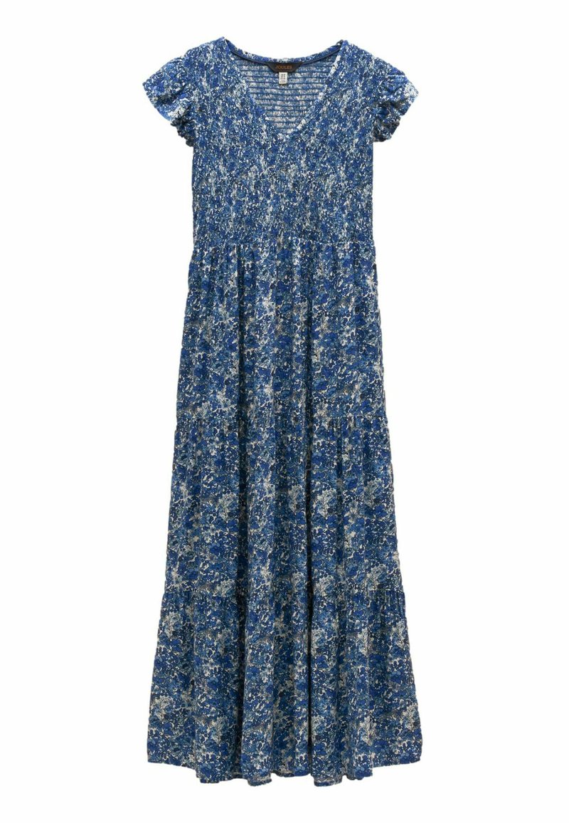 Robe maxi imprimée fleurs bleu et blanc avec manches courtes bouffantes et décolleté en V, dotée d'un corsage cintré et d'une jupe fluide à volants.