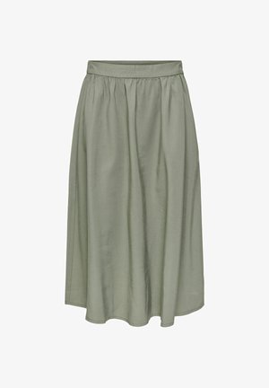 Világos olívazöld midi szoknya összegyűrt derékpánttal és sima, enyhén áramló anyagból.