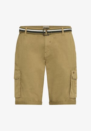 Kaki spalvos cargo šortai su šoninėmis kišenėmis, pagaminti iš medvilnės audinio. Yra pynimo diržas su juodais ir baltais dryžiais bei mažas logotipo užrašas.