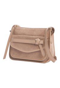 Borsa a tracolla in suede beige con un pannello in pelle liscia, accentuata da una tracolla annodata. Presenta una chiusura con zip e una tasca anteriore.