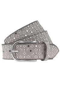 Gray suede belt featuring metallic stud embellishments and a silver buckle, with a soft texture and a wide, tapered design.