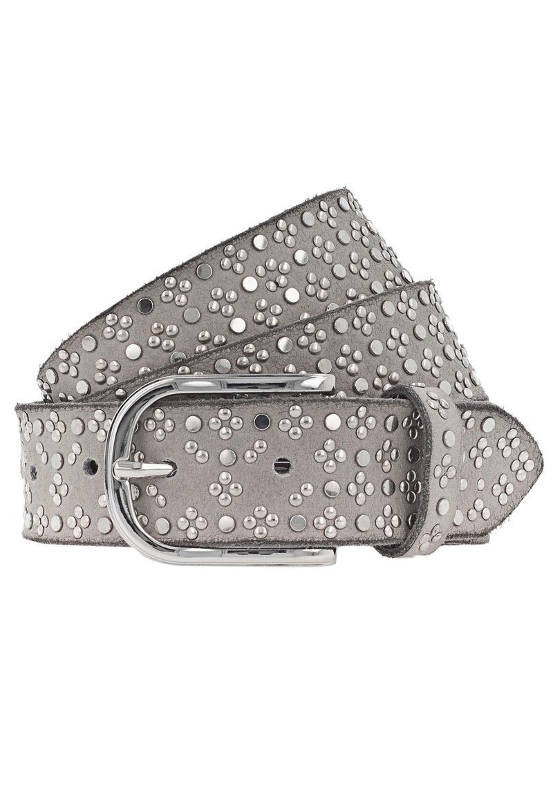 Gray suede belt featuring metallic stud embellishments and a silver buckle, with a soft texture and a wide, tapered design.