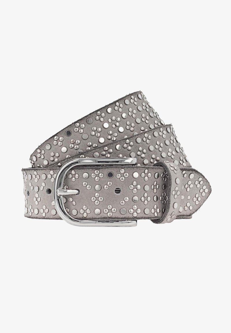 Gürtel aus grauem Wildleder mit metallischen Nieten und einer silbernen Schnalle, weichem Griff und breitem, konisch zulaufendem Design.