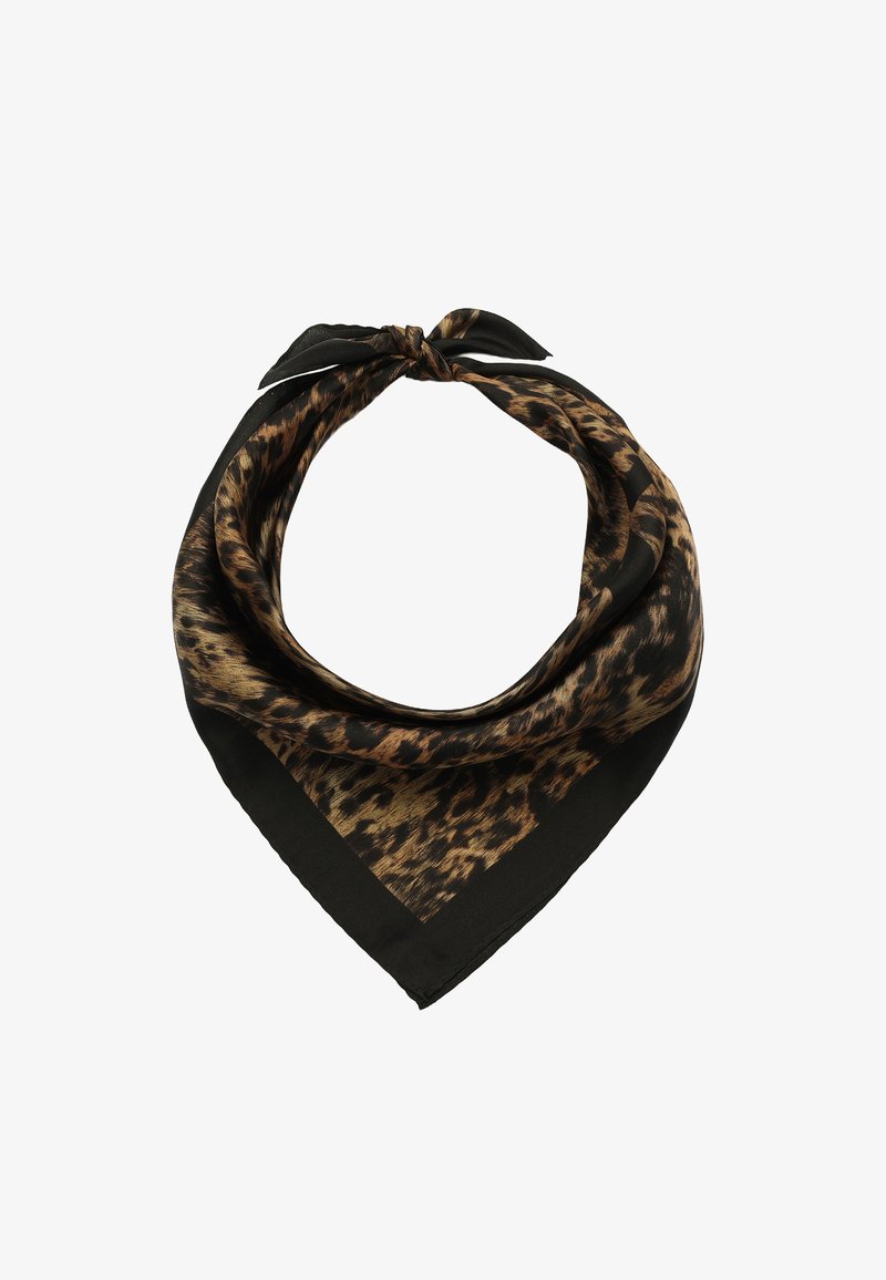 Sjögrön scarf med leopardmönster i siden, fyrkantig form, med svart kant, som har en slät textur och en knut i toppen.