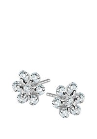 Srebrne kolczyki w kształcie kwiatu, zdobione wieloma okrągłymi, przezroczystymi kryształami osadzonymi w polerowanej metalowej podstawie, z zapięciem na sztyft zapewniającym bezpieczne noszenie.