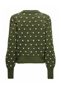 Groene gebreide trui met witte stippen. Heeft lange mouwen, een ronde hals en een geribde zoom. Zachte textuur en een casual pasvorm.