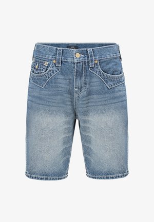 Niebieskie sprane szorty jeansowe z przednimi kieszeniami, zapięciem na guziki oraz widocznymi kontrastowymi przeszyciami.