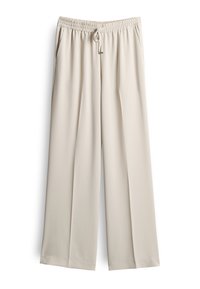Pantalon beige à jambes larges avec ceinture élastique et cordon frontal, doté de poches latérales et d'une texture de tissu lisse.