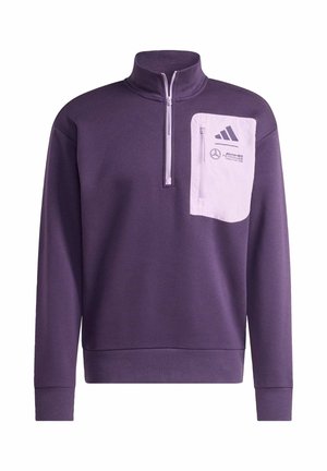 Purple sweatshirt with a half-zip collar, features a white pocket with zipper, and branded logos on the chest and sleeve.