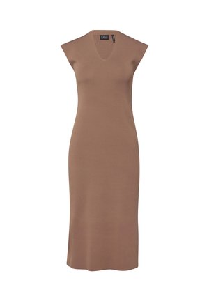Mouwloze, knielange bruine gebreide jurk met V-hals en een licht getailleerde pasvorm.