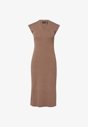 Mouwloze, knielange bruine gebreide jurk met V-hals en een licht getailleerde pasvorm.