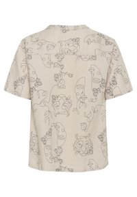 Kurze Ärmel Hemd aus beigem Leinen mit abstrakten Gesichtern und floralen Konturenzeichnungen. Lässiges Design mit einer Rückenpasse.
