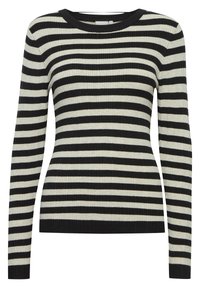 Sort og creme stribet ribstrik sweater med lange ærmer, rund halsudskæring og tekstureret stof. Har jævnt fordelte vandrette striber.