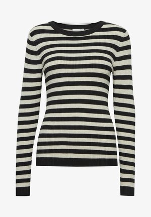 Suéter de rayas negro y crema con mangas largas, cuello redondo y tela texturizada. Presenta rayas horizontales espaciadas de manera uniforme.