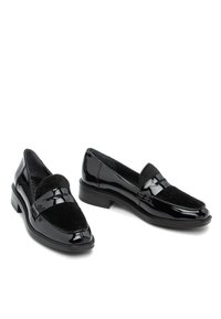 Black leather loafers with patent finish, featuring a suede panel and textured strap across the front. Low stacked heel design.