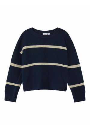 Granatowy dzianinowy sweter z beżowymi poziomymi paskami na piersi i rękawach, z okrągłym dekoltem i ściągaczami przy mankietach i u dołu.