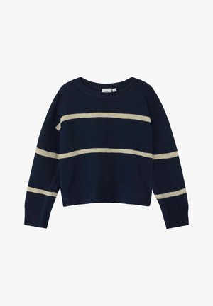 Pull en maille bleu marine avec des rayures horizontales beige sur la poitrine et les bras, avec un col rond et des poignets et un bas côtelés.