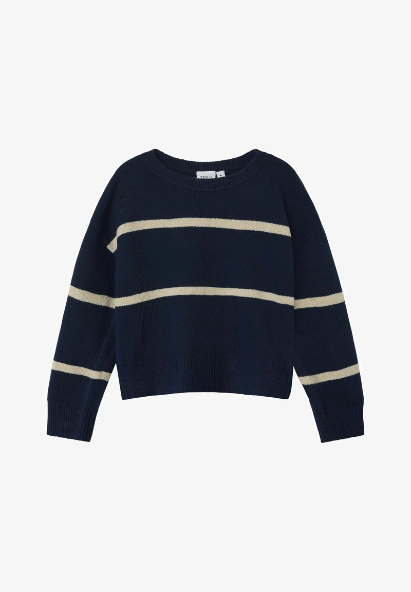 Pull en maille bleu marine avec des rayures horizontales beige sur la poitrine et les bras, avec un col rond et des poignets et un bas côtelés.