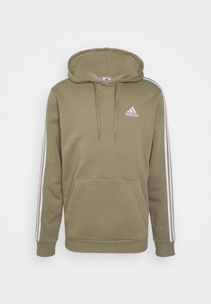 Kurtka z kapturem Adidas w kolorze khaki z kieszenią z przodu, kapturem ze sznurkiem i białym detalem z trzema paskami wzdłuż rękawów, logo na piersi.