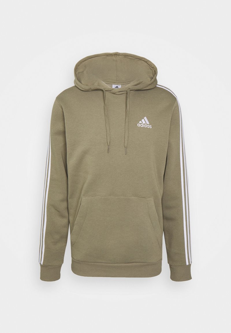 Sweat à capuche Adidas kaki avec poche avant, capuche à cordon et détail blanc à trois bandes sur les manches, logo sur la poitrine.