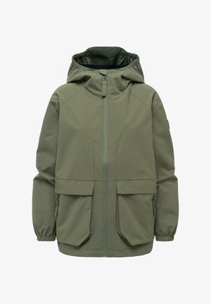 Oliivinvihreä hupullinen takki, jossa edessä vetoketju, kaksi suurta läppätaskua ja joustavat hihansuut, suunniteltu ulkokäyttöön.