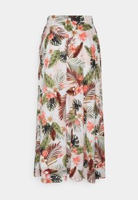 Maxirock aus leichtem Stoff mit tropischem Blumenmuster. Mit grünen Blättern und pinkfarbenen Blumen auf weißem Hintergrund.