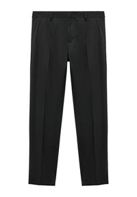 Pantaloni negri cu o siluetă croită, realizati dintr-un material neted, având două plisse frontale și un brâu plat. Fără accente vizibile; design simplu.