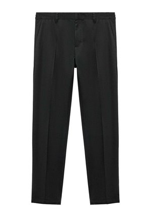 Pantaloni neri con una vestibilità slim, realizzati in un tessuto morbido, con due pieghe frontali e una vita piatta. Senza hardware visibile; design semplice.