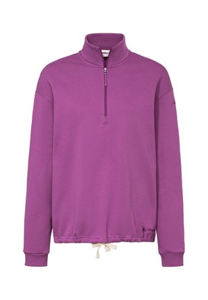 Lila Langarm-Pullover mit halbem Reißverschluss, hohem Kragen, Kordelzug am Saum und gerippten Bündchen, entworfen für Freizeit- oder Outdoor-Bekleidung.