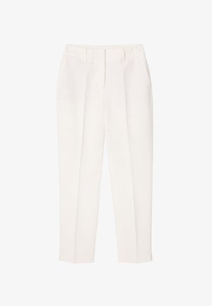 Fehér, egyenes fazonú nadrág, elöl behajtással, oldalzsebekkel, övbújtatókkal és bokáig érő szárakkal.