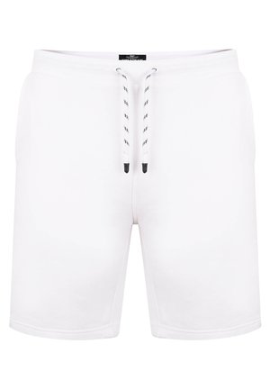 Witte katoenen shorts met een elastische tailleband, voorzien van zwarte trekkoorden met witte accenten. Gladde textuur, korte lengte en zonder zakken.
