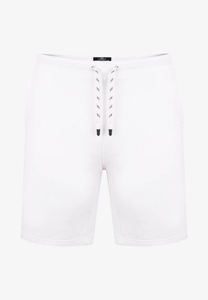 Witte katoenen shorts met een elastische tailleband, voorzien van zwarte trekkoorden met witte accenten. Gladde textuur, korte lengte en zonder zakken.
